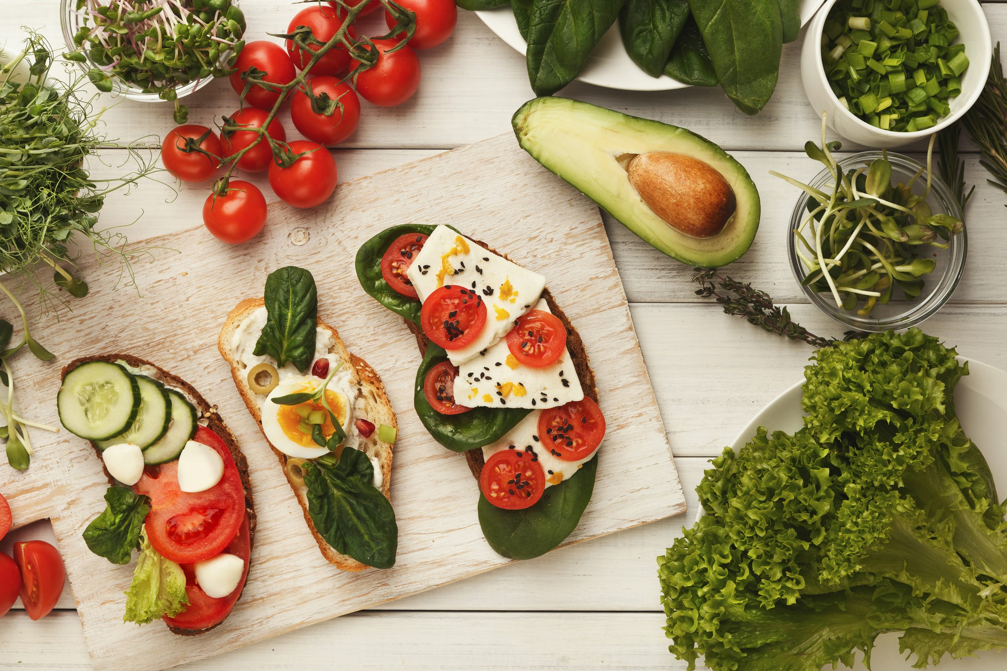 A colourful spread of vegetables, fruits, herbs and balanced meals